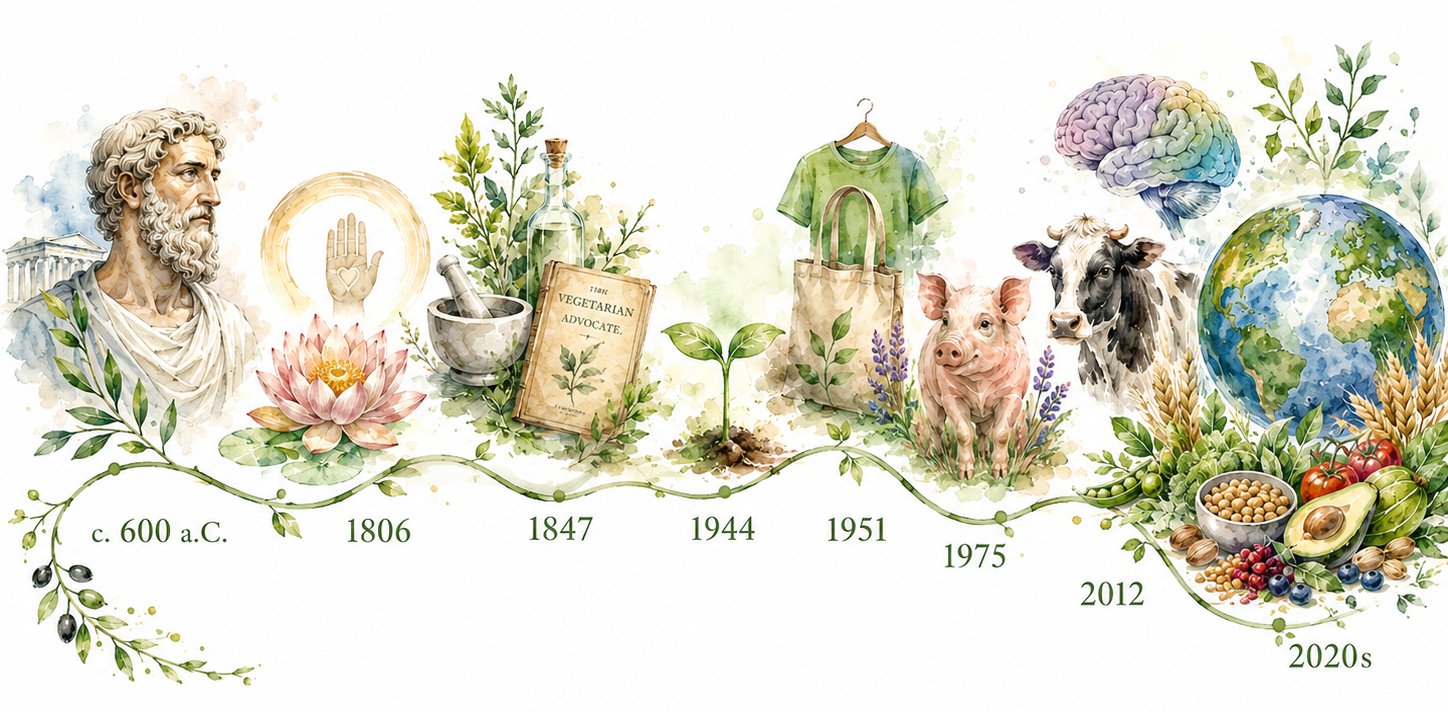 Linha do tempo do veganismo em aquarela: Pitágoras (c. 600 AEC), o broto de 1944, o porco de 1975 e as hortaliças de 2012